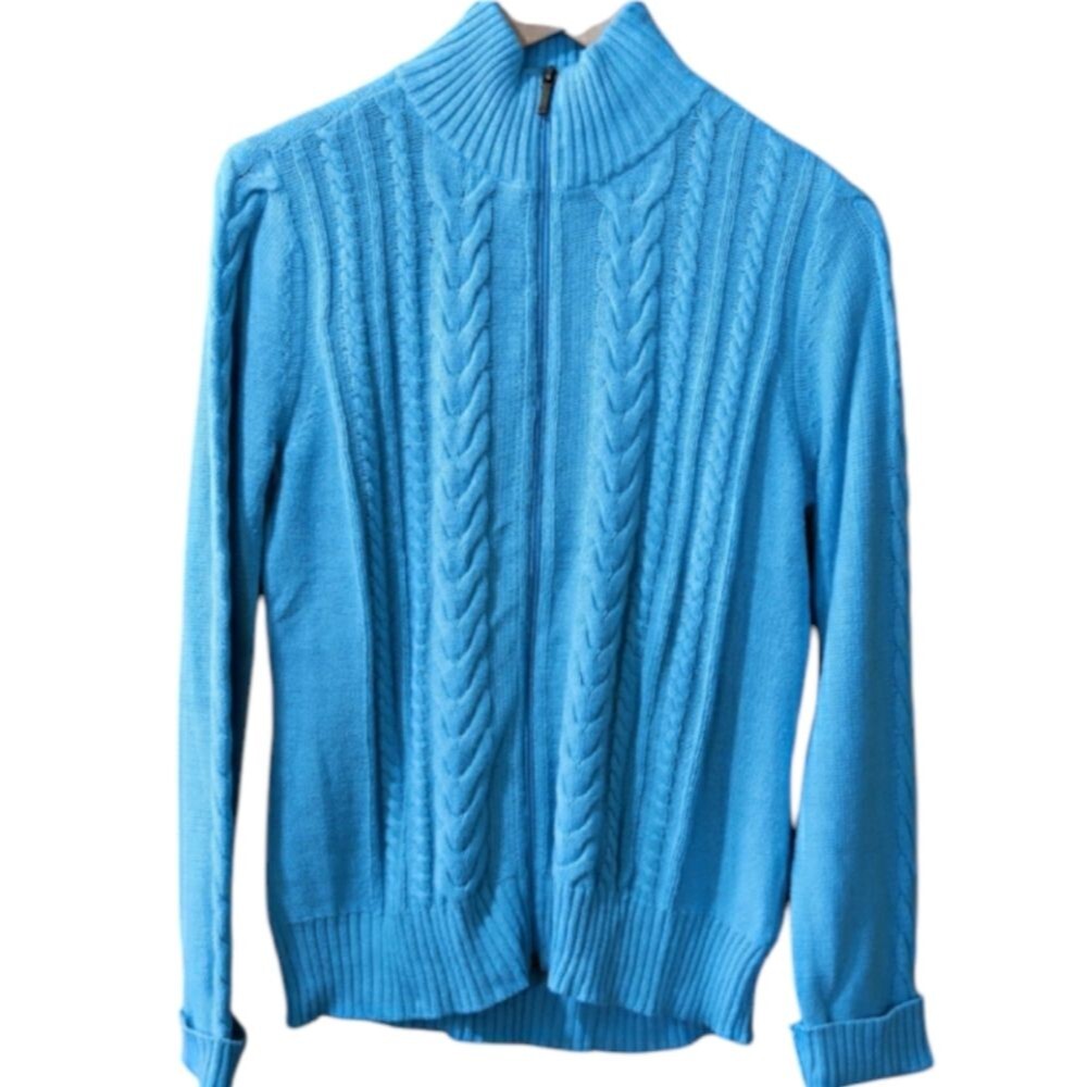Chaps Full Zip Robin's Egg Blue Cable Knit Cardigan Sweater Medium